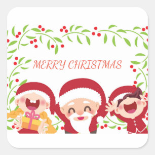 Happy Santa Claus und Kinder Quadratischer Aufkleber