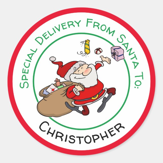 Happy Santa Delivering Weihnachtsgeschenke Runder Aufkleber (Vorderseite)