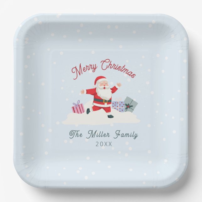 Happy Santa, hellblaue Weihnachten Pappteller (Vorderseite)