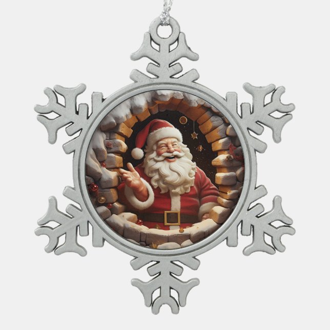 Happy Santa Schneeflocken Zinn-Ornament (Vorderseite)