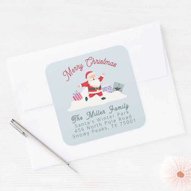 Happy Santa, Weihnachts-Rücksendetikett Quadratischer Aufkleber (Umschlag)