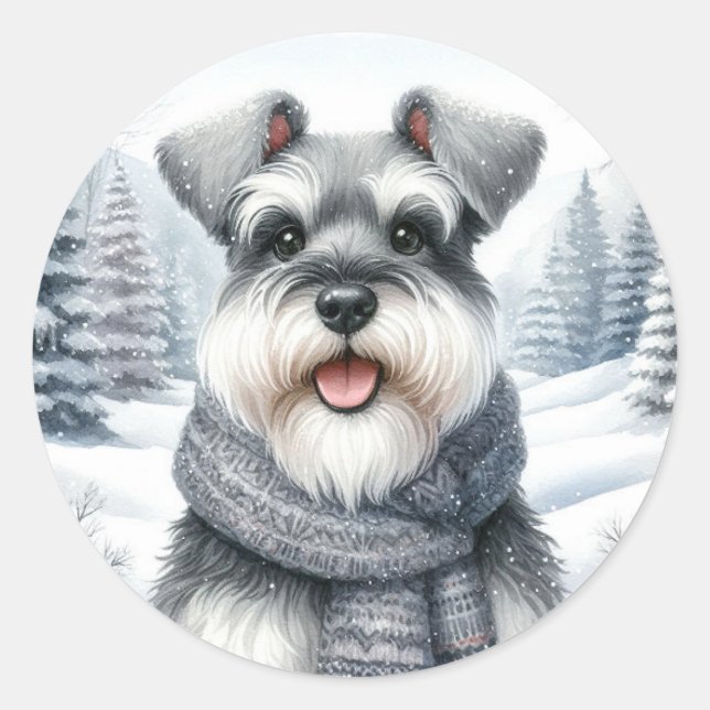 Happy Schnauzer in einem Scara Winter Art Runder Aufkleber (Vorderseite)