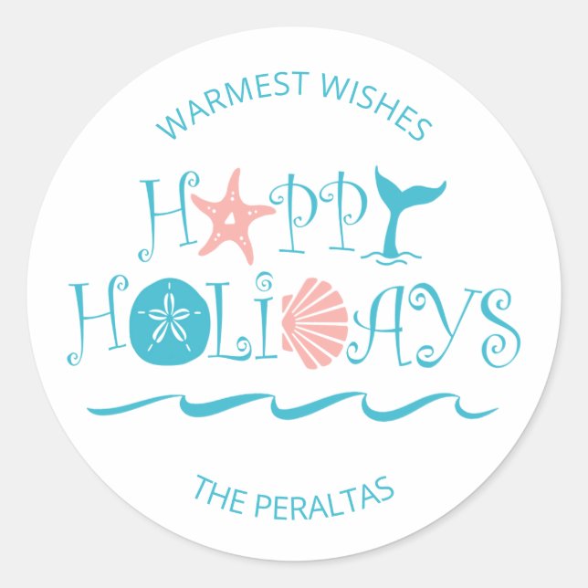 Happy Seashore | Beach Seashells Weihnachten Runder Aufkleber (Vorderseite)