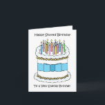Happy Shared Day Joint Birthday Brother Karte<br><div class="desc">Eine einfache Abbildung eines weißen,  eisgekühlten Geburtstagstortes mit einem blauen Bogen,  der um ihn geklebt ist. Auf dem Kuchen sind beleuchtete Kerzen,  und das Bild wird von den Worten "Happy Shared Birthday to a very special Bruders" begleitet.</div>