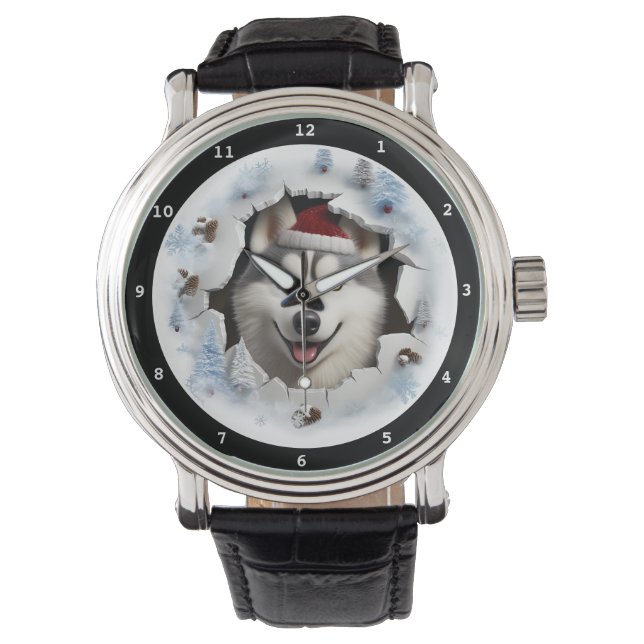Happy Siberian Husky Puppy Winter Holiday Image Armbanduhr (Vorderseite)