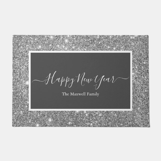 Happy Silver Glitzer Graue Familienname Doo Fußmatte (Vorderseite)