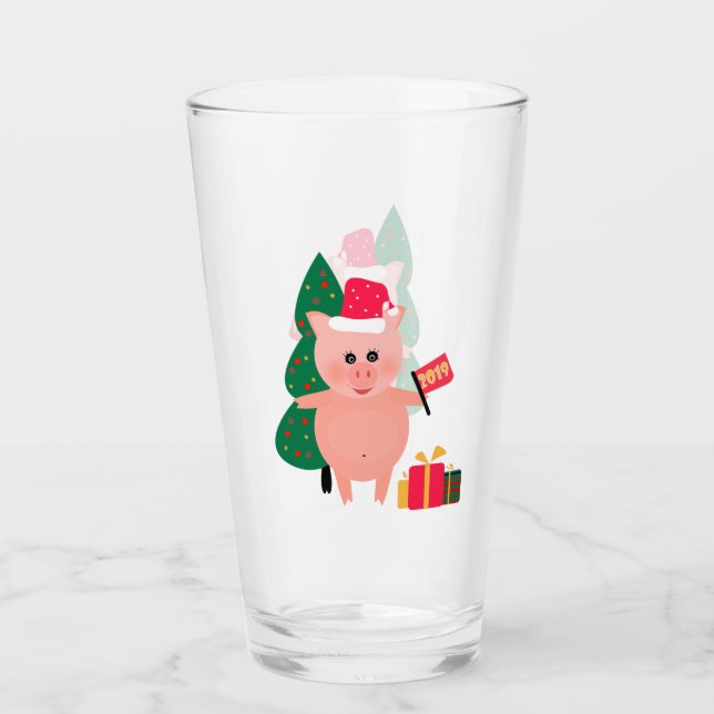 Happy Silvester Symbol Spaß niedlichen Schweinebäu Glas (Vorderseite)
