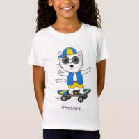 Happy Skater Cat Dressed in Blue & Yellow T - Shir