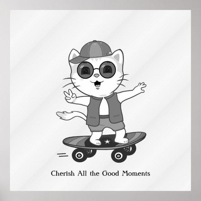 Happy Skater Cat on Silver Gray Shades Poster (Vorne)