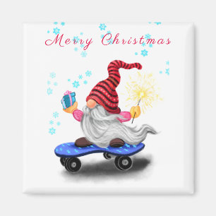 Happy Skater Gnome mit Geschenken und Sparkler - F Magnet