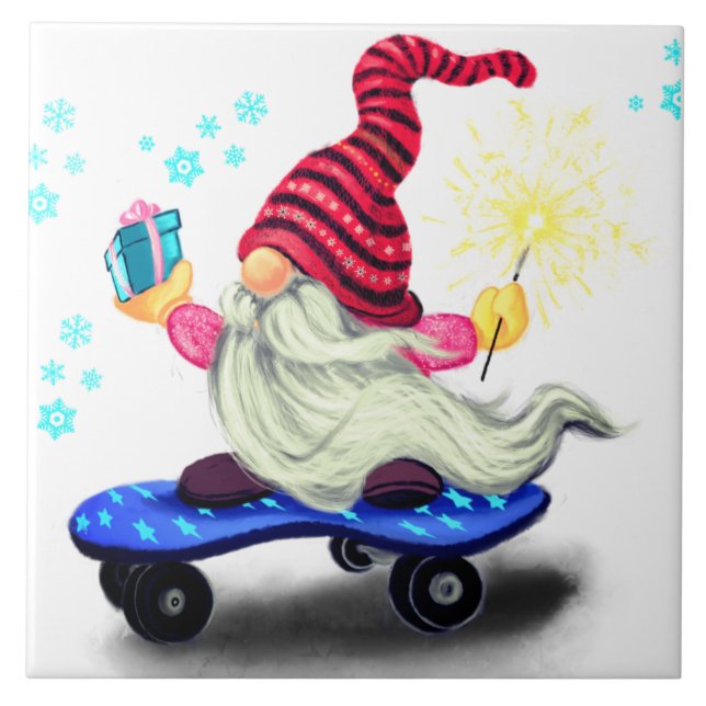 Happy Skater Gnome mit Geschenken und Sparkler - S Fliese (Vorderseite)