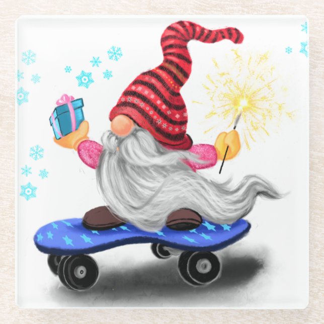 Happy Skater Gnome mit Gift Glass Untersetzer (Vorderseite)