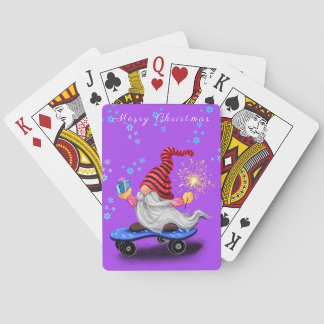 Happy Skater Gnome mit Sparkler und Geschenk für S Spielkarten (Rückseite)