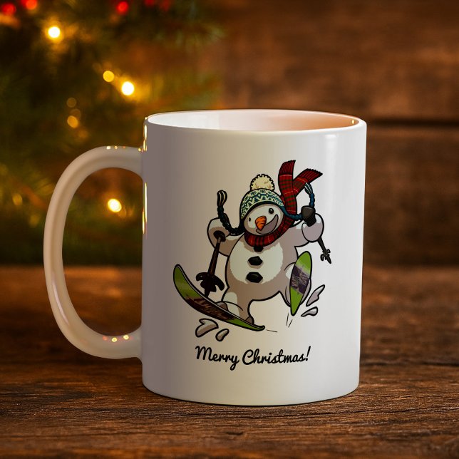 Happy Skiing Snowman Wooly Hat Weihnachts-Cartoon Kaffeetasse (Von Creator hochgeladen)