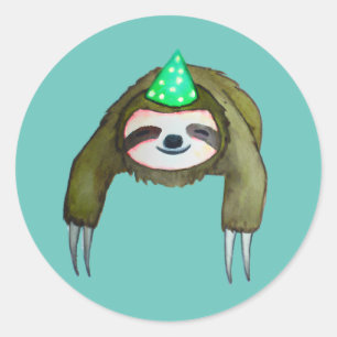 Happy Sloth in Birthday Hat Runder Aufkleber