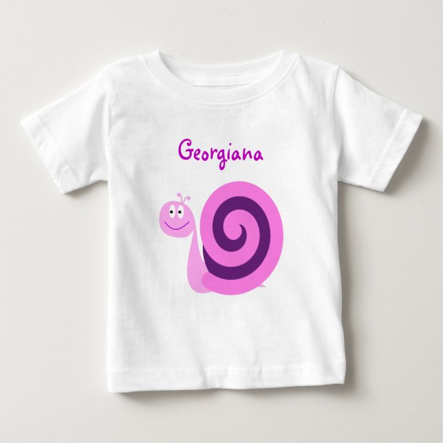 Happy Smiling Pink & Purple Snail; Custom Name Baby T-shirt (Vorderseite)