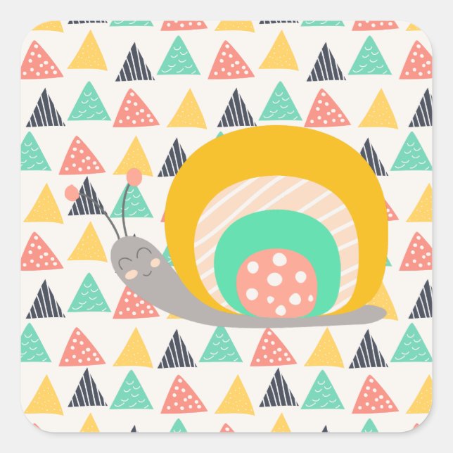Happy Snail auf Dreiecken Quadratischer Aufkleber (Vorderseite)