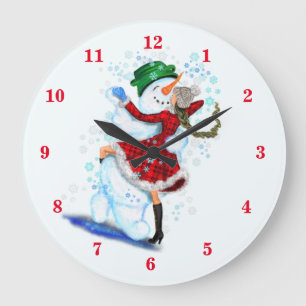 Happy Snowman and Girl Dance Tango Christmas Große Wanduhr
