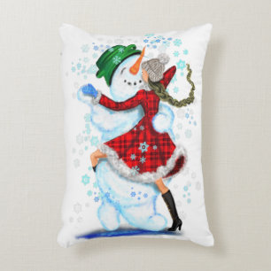 Happy Snowman and Girl Dance Tango Weihnachts-Part Dekokissen