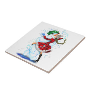 Happy Snowman and Girl Dance Tango Weihnachts-Part Fliese