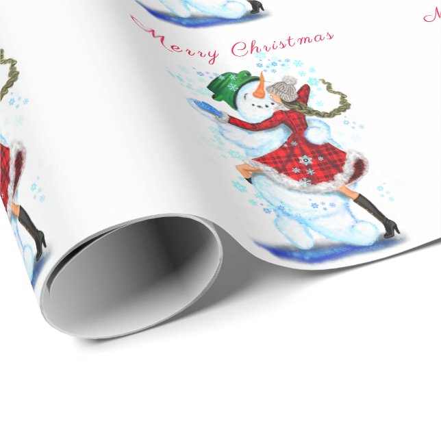 Happy Snowman and Girl Dance Tango Weihnachts-Part Geschenkpapier (Rolleneckpunkt)