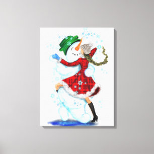 Happy Snowman and Girl Dance Tango Weihnachts-Part Leinwanddruck