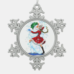 Happy Snowman and Girl Dance Tango Weihnachts-Part Schneeflocken Zinn-Ornament