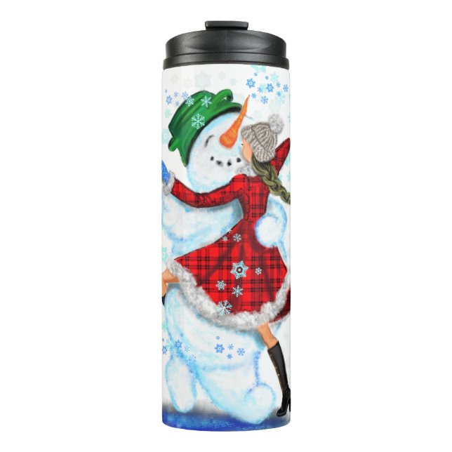 Happy Snowman and Girl Dance Tango Weihnachts-Part Thermosbecher (Vorderseite)