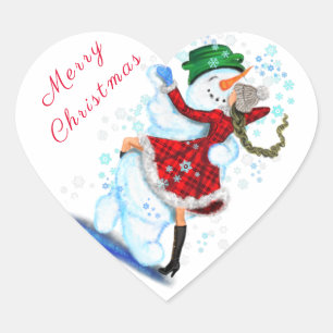Happy Snowman and Girl Dancers Sticker de Noël