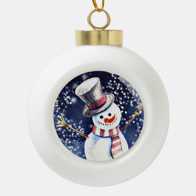 Happy Snowman Art Keramik Kugel-Ornament (Vorderseite)