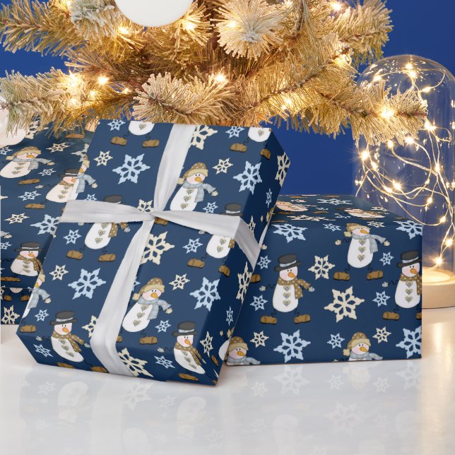 Happy Snowman Blue Christmas Geschenkpapier (Feiertage)