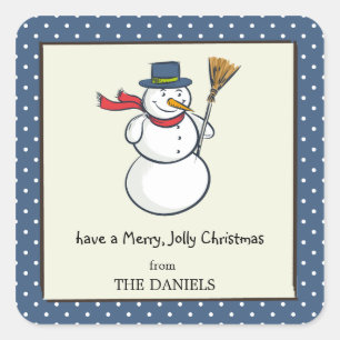 Happy Snowman Blue Polka Punkte Urlaubsaufkleber Quadratischer Aufkleber