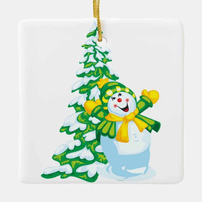 Happy Snowman Cartoon Keramikornament (Vorderseite)