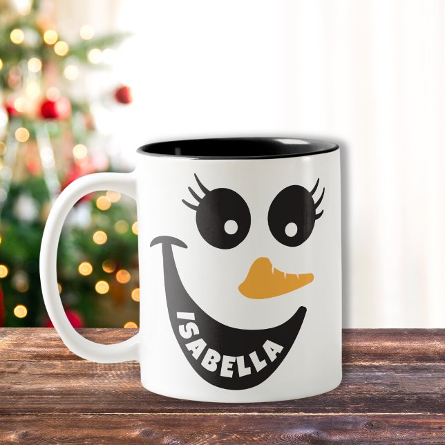 Happy Snowman Face Personalisiert Name Holiday Ges Zweifarbige Tasse (Custom Christmas snowman face hot chocolate mug)