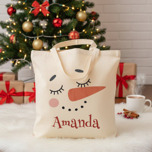 Happy Snowman Face Personalisiert Name Holiday Tragetasche