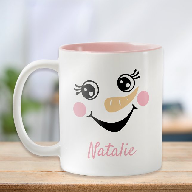 Happy Snowman Face Personalisiert Name Holiday Zweifarbige Tasse (Von Creator hochgeladen)