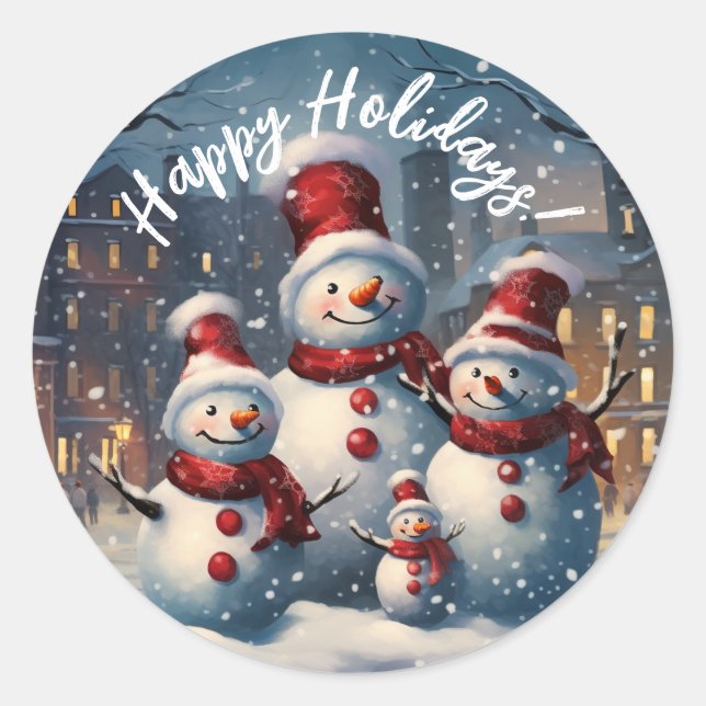 Happy Snowman Family Weihnachten Runder Aufkleber (Vorderseite)