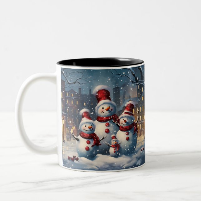 Happy Snowman Family Weihnachten Zweifarbige Tasse (Links)