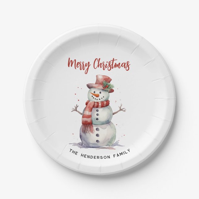 Happy Snowman Frohe Weihnachten Custom Familiennam Pappteller (Vorderseite)