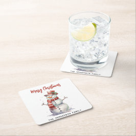 Happy Snowman Frohe Weihnachten Custom Familiennam Rechteckiger Pappuntersetzer