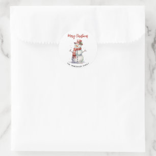 Happy Snowman Frohe Weihnachten Custom Familiennam Runder Aufkleber