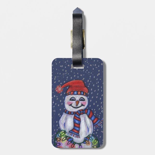 Happy Snowman Hat Scarf Weihnachtslicht Schnee Gepäckanhänger (Rückseite vertikal)