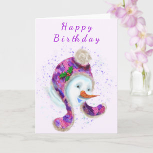 Happy Snowman in Lila rosa Beanie Winter Hat Spaß Karte