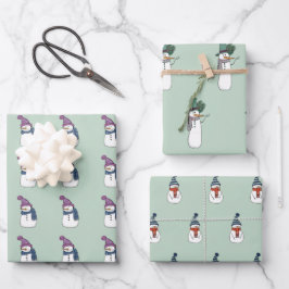 Happy Snowman in Mint Wrapping Paper Set 3 Geschenkpapier Set