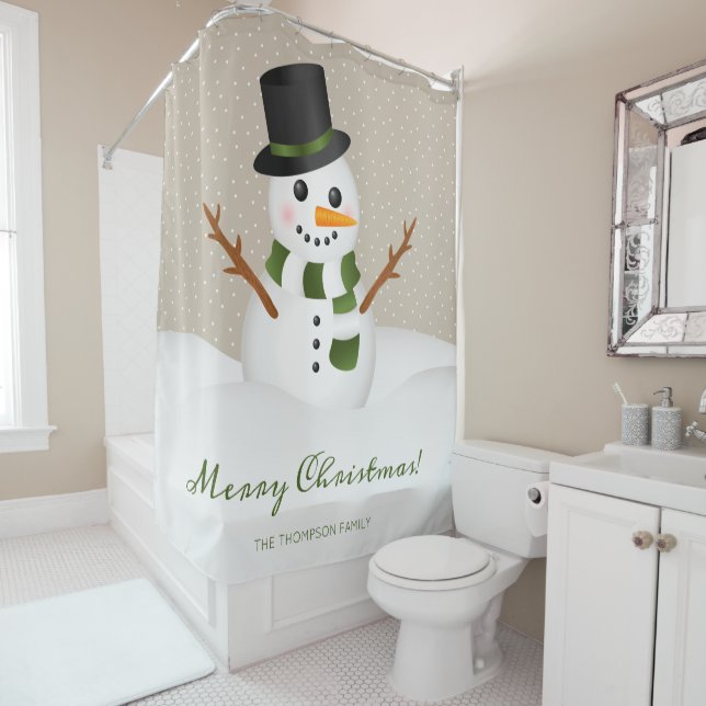 Happy Snowman mit einem Hut & Individuelle Name We Duschvorhang (Beispiel)