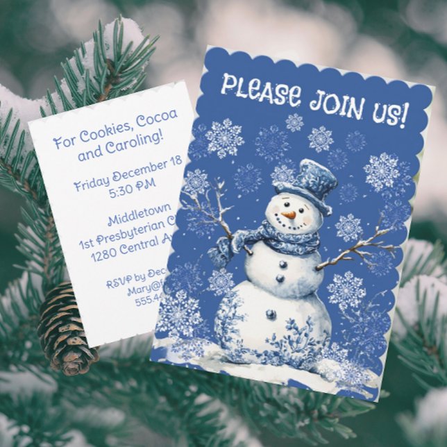 Happy Snowman Snowflakes Blue White Chinoiserie  Einladung (Customize this invitation with your own information!)