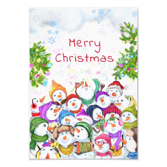 Happy Snowmans Frohe Weihnachts-Party Funny Zeichn Fotodruck (Vorne)