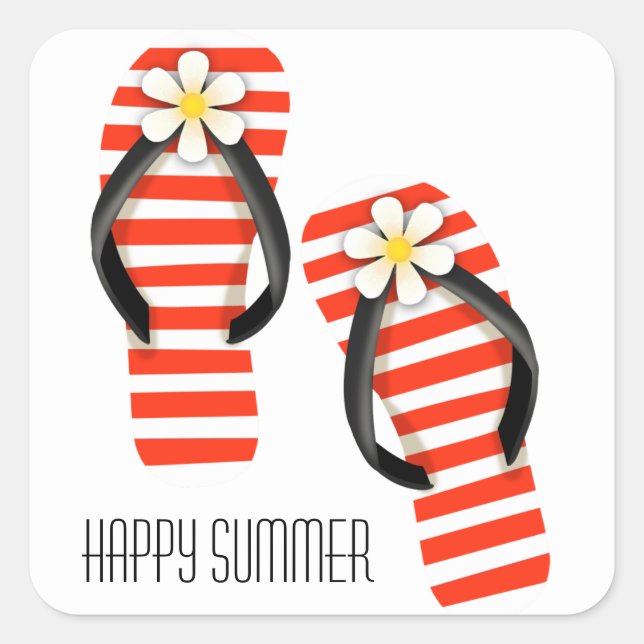 Happy Sommerrot-weiß gestreifte Flip-Flops Quadratischer Aufkleber (Vorderseite)