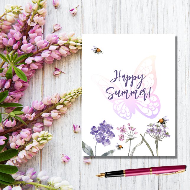 Happy Sommerschmetterling violette Wildblumen pink Postkarte (Von Creator hochgeladen)