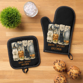 Happy "Spooky" Halloween Pumpkin Ghost Black Cat Ofenhandschuh & Topflappen-Set